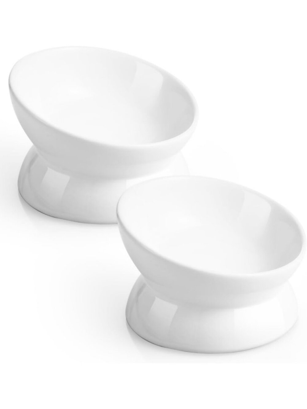 Elevated Ceramic Cat & Dog Bowls, Anti-Vomit Tilted Design, 2 Pack, White